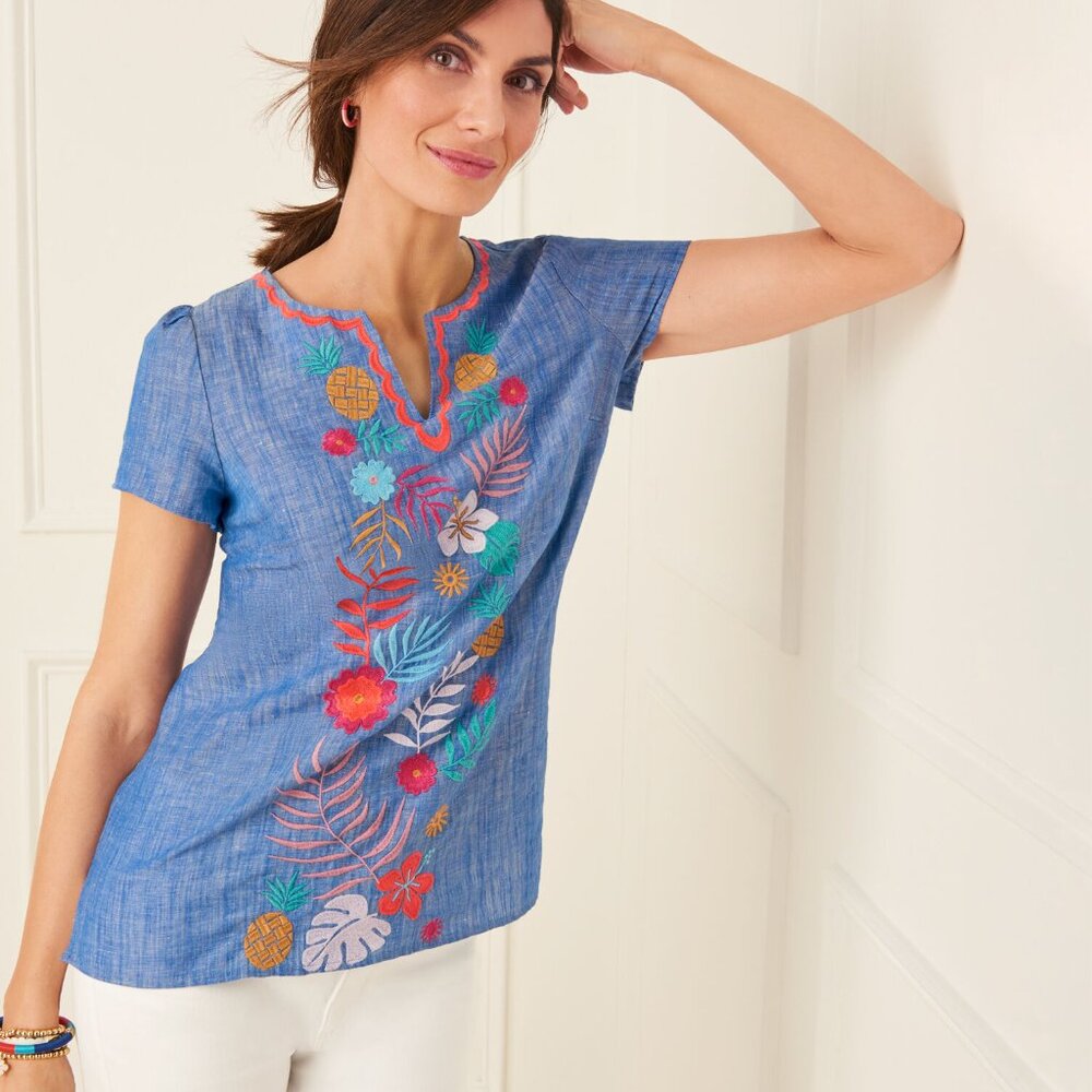 Talbots Blue background Embroidered Tropical Desi… - image 2